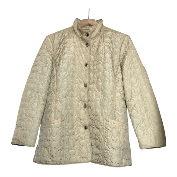 COACH Quilted C Logo Mock Neck Button Front Fisherman Chore Barn Puffer Jacket L - Picture 1 of 5